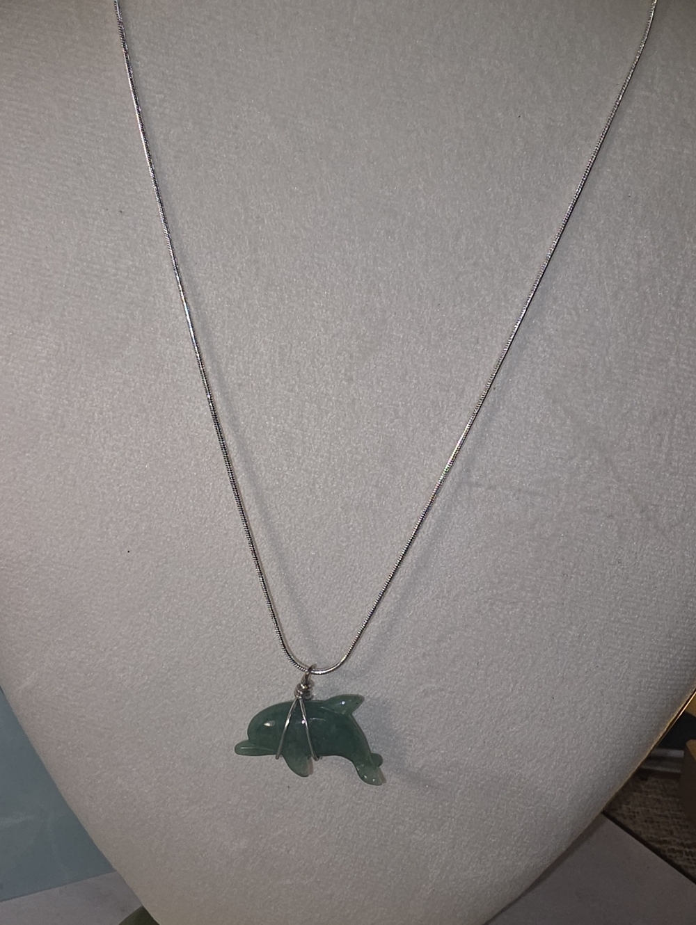 Green Aventurine Dolphin Pendant Necklace - Silver Tone